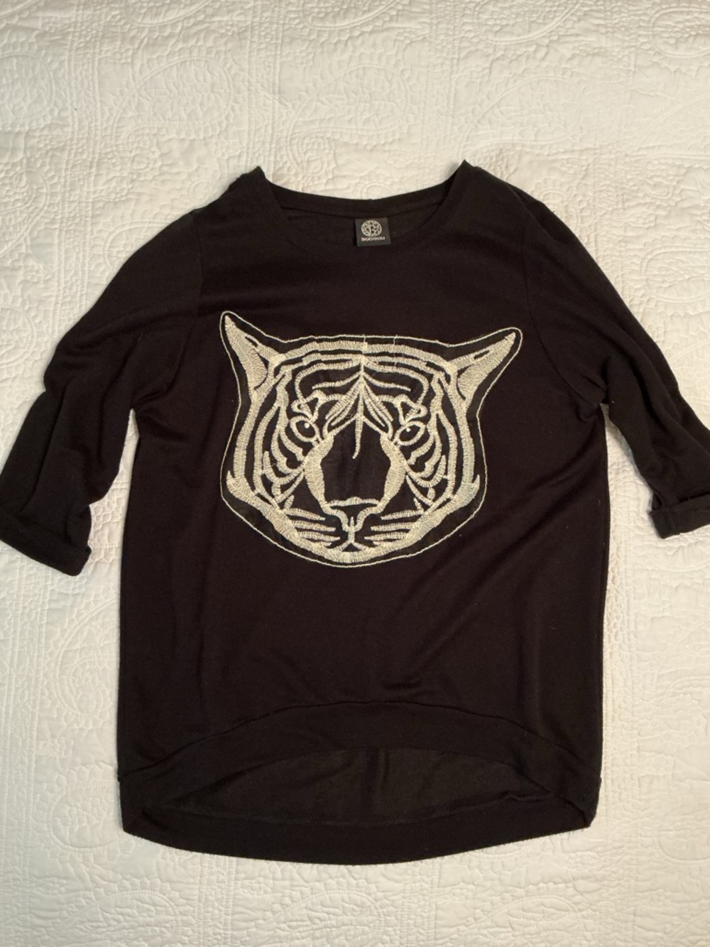 bobeau Black Knit Top With Embroidered Tiger Head, Relaxed XS
